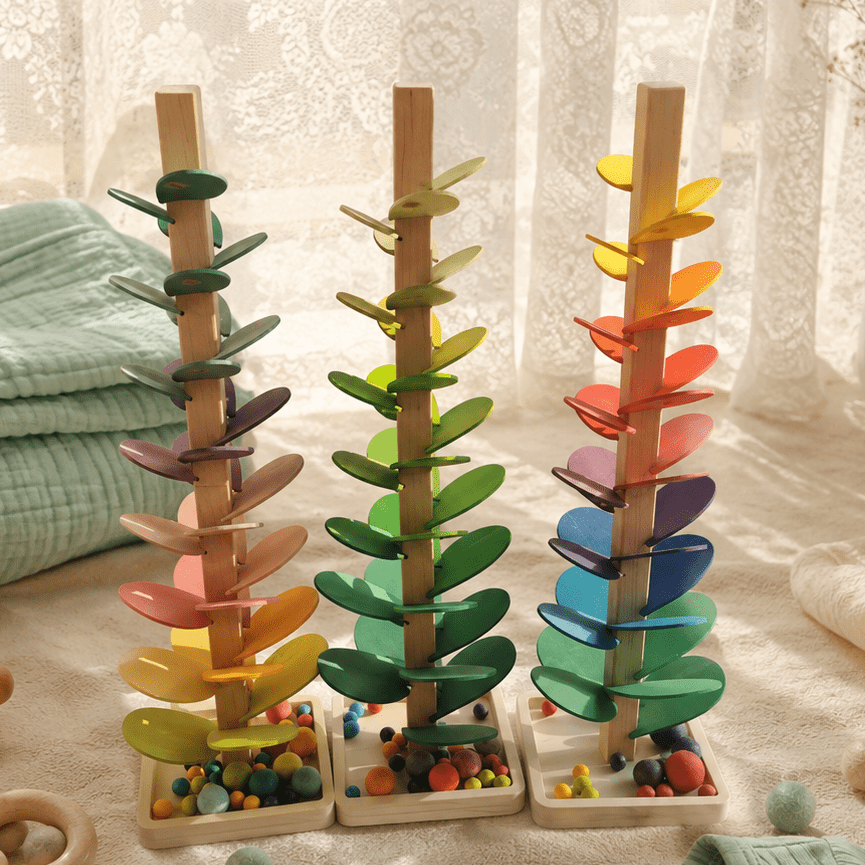 Rainbow Wooden Sound Tree Marble Run in three color sets for kids